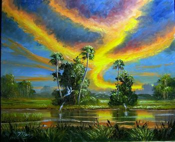 "Radiant Fire Sky Everglades"20by 24" Oil Painting From the'Mazz Radiant Fire Sky Series'. Oil on Masonite Board. Palette Knife & brush. September 10th, 2008 (SOLD - collector from Singer Island, Florida)