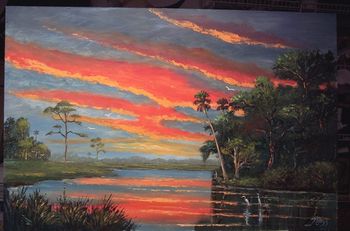 'Fire Sky' 24 by 36" Oil on Masonite board, Lots of Palette knife work & brush. Painted July 17, 2007 (SOLD - Collector from Satellite Beach, Florida)