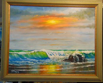 "Crashing Wave on a Sunny Beach" 24 by 30" Oil on stretched Canvas. January 8th 2021. BUT You can Buy a Framed or Unframed Print Here!