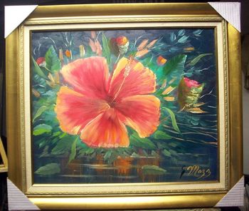 'Hibiscus Flower' 20 by 24" Oil on Masonite Board. Brush and Palette knife. Oct 7th, 2009 (Collector from Vero Beach, FL)
