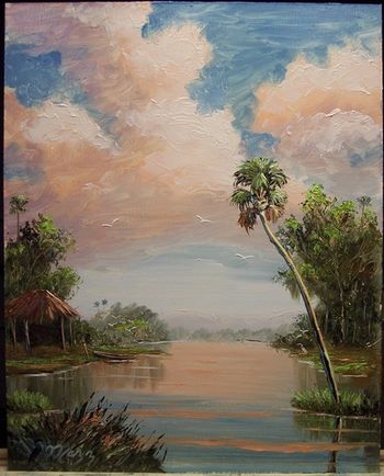 'Fishing Hut(Seminole)' 16 by 20", Oil on Masonite board, Lots of palette knife work, also brush. Painted September 17 th, 2007