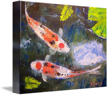 "Taisho Sanke Koi Fish" 11 by 14". 100%Palette knife. Taisho Sanke (tay-sho san-ke), are three colored Koi first developed during the Taisho era in Japan (1912-1926). Their base color is white with red and black markings. This type is called the 'Maruten' which has the 'crown' marking on the head. Oil by Mazz. Painted Nov 6th 2009. ( Original is SOLD to a Collector from Temple, Texas) or ; BUY Quality Framed KOI PRINTS HERE!