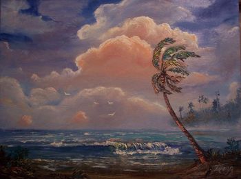 18 x 24" Oil on Masonite Board. Beautiful Clouds and beach scene. Lots of Palette knife work. (July 2005) (Sold-Private collector in St. Augustine, Florida)