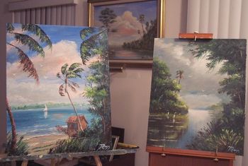 Painting on Left -16 by 20" on Masonite Aug26th, 06. - Painting at Right: 16 by 20" Mazz painted at his Art Lesson with SAM NEWTON Aug 27th, 06