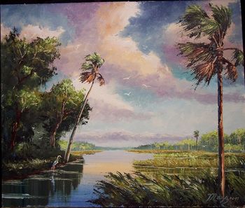 'Windy Marsh' 20 by 24" Oil on masonite board. Lots of Palette knife & brush. Painted July 2nd 2007 (SOLD - Collector from Ft. Pierce, FL)