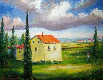 'Old Tuscany Farmhouse' 20 by 24" Oil on Masonite Board. Palette knife & brush. Painted Aug. 30th, 2009