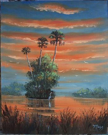 "Floriday Firesky" 16 by 20" Oil on Board. (lots of palette knife) w/brush. Painted Feb 14th 2007 (SOLD - Collector from Port St. Lucie, FL) Tree cutter.