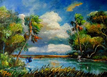 "Great Blue Heron and Egrets - Impending Storm" 16 by 24" Oil on Board Aug 11th 2022. ORIGNAL is AVAILABLE or You can Buy a Framed or Unframed Print Here!