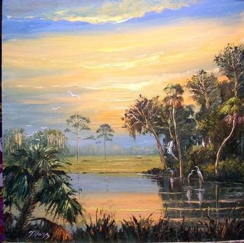 "Florida Fire Sky Reflections" 24 by 24" Oil on Masonite Board. Palette Knife & brush. January 2nd, 2009(SOLD - Collector from West Point, Mississippi)