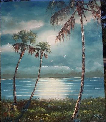 Moonlit Sky. 16 by 20" Oil on Masonite Board. Lots of palette knife with some brush. Painted Dec 28th, 2006 (SOLD - Collector in Yankeetown, FL)