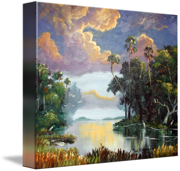 'Florida Wilderness Clouds & Egrets' Oil Paint on masonite Board. 20 by 24" Loads of Palette knife work and brush. Painted June 4th, 2013. (SOLD - this Original by a Collector from Nokomis, FL) but you can..... Buy a Quality Framed Print Here!