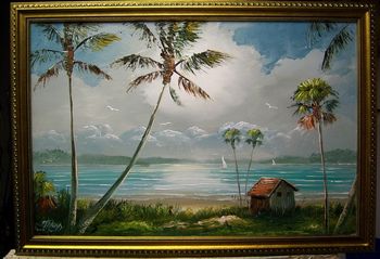 "Tropical Lake Shack" 16 by 24" Oil on Masonite Board. Palette Knife & brush.August 28th, 2008(SOLD - Collector from Tallahassee, FL)
