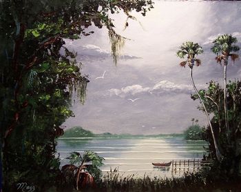 'Moonlit Lake' 16 by 20" Oil on Masonite board. Palette knife & brush. August 19, 2007 (SOLD - Collector from Allenhurst, Georgia)