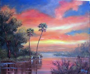 Sundown Fire Sky 20 by 24" Oil on Masonite Board. Lots of palette knife with some brush. Painted Dec 12th, 2006