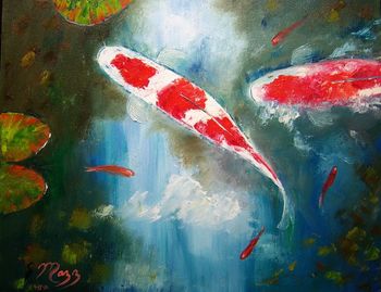 'Kohaku Koi Fish' 16 x 20" Oil on stretched canvas. Palette knife. Painted April 15th, 2010.(Original is SOLD to Collector from Laguna Beach, CA) or ; BUY KOI PRINTS HERE!