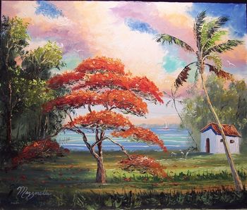 'Royal Poinciana' 20 by 24" Oil on Masonite Board. Lots of Palette knife & brush. Nov. 12th 2007 (COMMISSION - Dave of Kramer, Sopko & Levenstein Law Firm, Stuart FL)