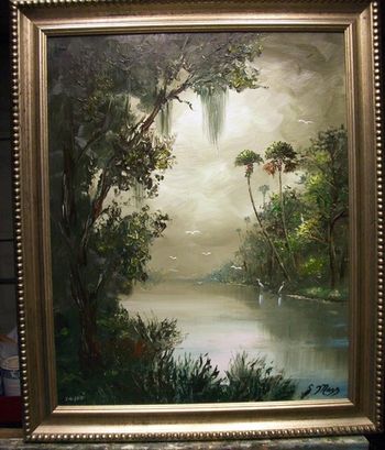'Old Florida Misty River' 16 by 20" Oil on masonite board. Palette knife & brush. Painted May 16th, 2010 (Collector From Baltimore, Maryland)