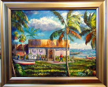 "Floirda Bait Shop " Palette knife by Mazz.16 by 20" Oil on canvas Dec. 2018. (Original is in Private Collection) You can also Buy a Framed Print or Canvas Here!