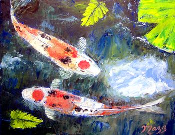 "Taisho Sanke Koi Fish" 11 by 14". 100%Palette knife. Taisho Sanke (tay-sho san-ke), are three colored Koi first developed during the Taisho era in Japan (1912-1926). Their base color is white with red and black markings. This type is called the 'Maruten' which has the 'crown' marking on the head. Oil by Mazz. Painted Nov 6th 2009. ( Original is SOLD to a Collector from Temple, Texas) or ; BUY Quality Framed KOI PRINTS HERE!