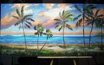 'Tropical Island Beach' Large 24 by 48". Oil on masonite board. Palette Knife & brush. Painted August 31st, 2011 (Commission Painting, Collector from Naperville, illinois)