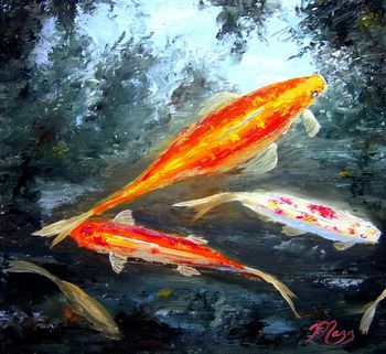'Koi Fish Painting' 16 by 16" Oil on masonite board, Brush and Palette knife work. Painted Oct 8th, 2009