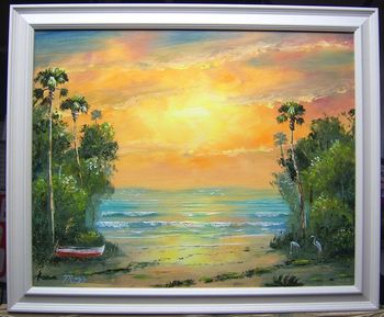 'Tropical Sunny Beach' 16 by 20" Oil on masonite board. Palette knife and brush. Painted April 12th, 2010 (SOLD - Collector from Apollo Beach, FL)