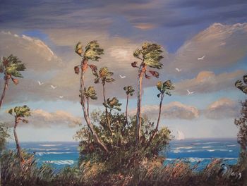 14 by 18" Oil on Masonite. All Trees, Birds, forefront & parts of clouds made with the Pallet knife. (Painted May 2006)