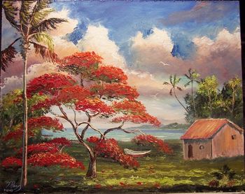 'Royal Poinciana' 16 by 20", Oil on Masonite board, Lots of palette knife work, also brush. Painted August 12th, 2007 (SOLD - Collector from Ft. Myers, FL)