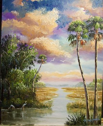 "Forever Wild Florida" 16 by 20" Oil on Masonite Board. Palette Knife & brush. Nov 26th, 2008.(Set in Museum Quality, Wide Frame, Rich Gold Color w/ Gold Leaf. Liner is Beige)
