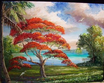 "Blooming Royal Poinciana Tree" 16 by 20" Oil on Masonite Board. Palette Knife & brush. September 8th, 2008 (SOLD - Collector from Lehigh Acres, Florida)