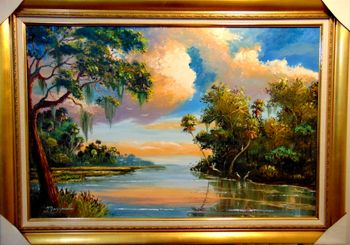 "Florida Oaks by the River" 24by 36" Oil on Masonite Board. Palette Knife & brush.Aug. 4th2008 (Painting is in a Private Collection) You can Buy a Framed or Unframed Print Here!