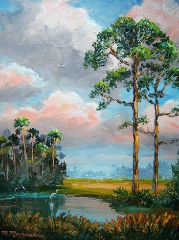 'Florida Wilderness w/Slash Pine Trees'16 by 20" Oil on board. All Trees Made 100% with the Palette knife. Lots of thick paint knifework throughout & some Brush. Painted May 19th, 2011. (COLLECTOR from Miramar, FL)