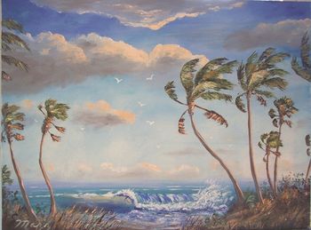18 by 24" Oil on Stretched Canvas. All Trees, Birds, forefront & parts of clouds & waves made with the Pallet knife. (Painted May 2006) (SOLD-Collector in Naperville, IL)