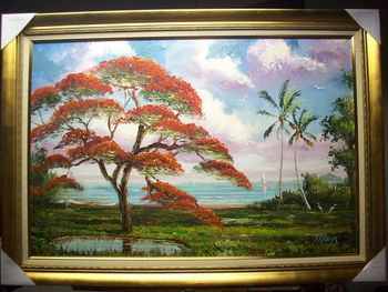 Sofa Size 'Blooming Royal Poinciana Tree"24 by 36. Oil on Masonite Board. Palette Knife and brush. . August 22nd, 2009 ( Collector from Tallahassee, Florida)