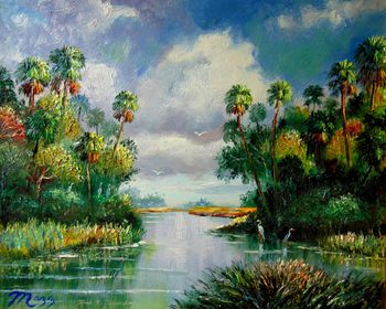 "Cabbage Palms on the River Bend" 20 by 24" Oil on Board July 28th 2022. ORIGNAL is AVAILABLE or You can Buy a Framed or Unframed Print Here!