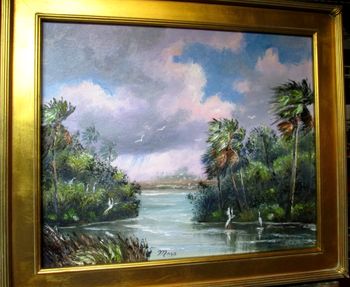 "Egrets in the Florida Wind & Rain" Palette knife and brush by Mazz. 20 by 24" Oil on board 8/22/19. (Original is Available) You can Buy a Framed Print or Canvas Here!