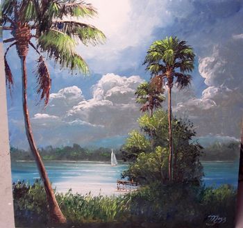 "Moonlit Sailing" 24 by 24" Oil on Board. (lots of palette knife) Painted April 20. 2007 (SOLD - Collector from Winter Garden, FL)