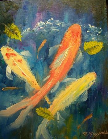 'Koi Fish Swimming in Pond' 11 by 14" Palette knife Oil Painting on gallery wrapped Stretched Canvas. Painted Oct. 31st, 2009
