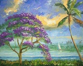 'Jacaranda & Palm Tree' 8 by 10" Oil onCanvas board. All Palette knife. Painted July 24th, 2010 (Not available. Owned by a Collector from Idialantic, FL)