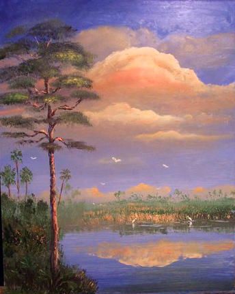 Palette Knife Painting & he used his fingers. 16 by 20" Oil on Masonite. (Painted August 2005) (SOLD-Collector in Ormond Bch, FL)
