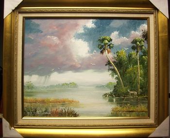 "Florida Backcountry" 16 by 20" Oil on Masonite Board. Palette Knife and brush. ( Museum Quality, Wide Frame, Rich Gold Color w/ Gold Leaf. Liner is Beige).May 19th, 2009(SOLD - Collector from West Point, Mississippi)