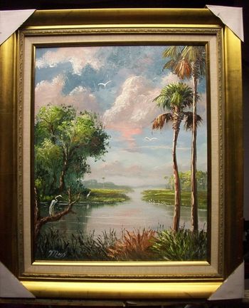 "Florida Riverview"16 by 20" Oil on Masonite Board. Loads of Palette Knife work throughout. ( Museum Quality, Wide Frame, Rich Gold Color w/ Gold Leaf. Liner is Beige). Dec 24th, 2008(SOLD - Collector from Lake Panasoffkee Florida)