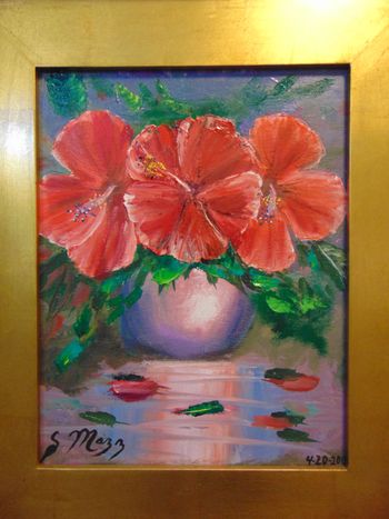 "Hibiscus 3 Flowers in a Vase" Acrylic Painting 11 by 17". Mazz painted this with a palette knife and a brush. April 20th 2013. This Original Painting is SOLD - Collector from Port St.Lucie, Florida) But you can Buy a Quality Framed Print Here!