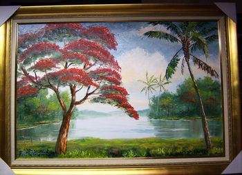 'Royal Poinciana (Flamboyant Tree)' 24 by 36" Oil on masonite board. Palette knife & brush. Painted June 20th, 2010 ( Museum Quality, Wide Frame, Rich Gold Color w/ Gold Leaf. Liner is Beige).