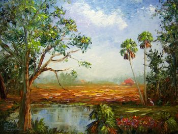 'Old Florida Ranch Painting' 100% Palette knife, 18 by 24" Oil on Stretched Canvas. Thick paint, Impasto. Painted Dec. 3rd, 2011