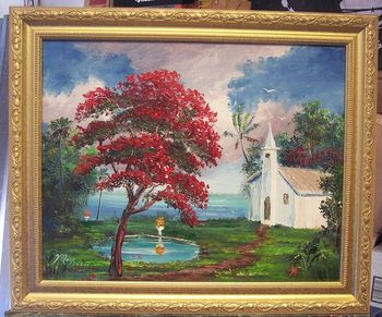 'Royal Poincana Church'1 6 by 20" Oil on Board. (loads of palette knife) Painted June 3rd 2007 (SOLD - Collector from E. Palatka, FL)