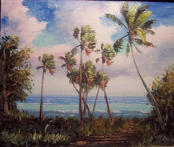 'Palm Cove" 20 by 24" Oil on Masonite board, Lots of palette knife work, also brush. Painted September 19 th, 2007