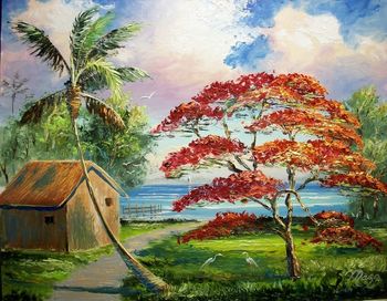 'Royal Poinciana River Walk' 20 by 24" Oil on Masonite Board. Lots of Palette knife. Painted Jan. 18th, 2008 (SOLD -Owned by St. Lucie Jewelry, Port St. Lucie, FL )