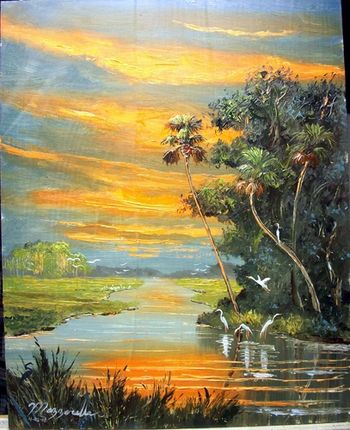 "Fire Sky Nature" 16 by 20" Sunset Oil Painting by Mazz. Painted on Masonite Board. Lots of Knife Work & brush. April 2nd 2008 (SOLD - Collector from Indialantic FL)(Donated money from the sale to Benefit ARC of Indian River County, FL) http://www.ARCIR.org