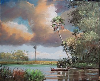 Birds on a Log. 16 by 20" Oil on Masonite Board. Lots of palette knife & brush. Painted Jan. 23rd, 2007 (SOLD - Collector in Xenia, OH)